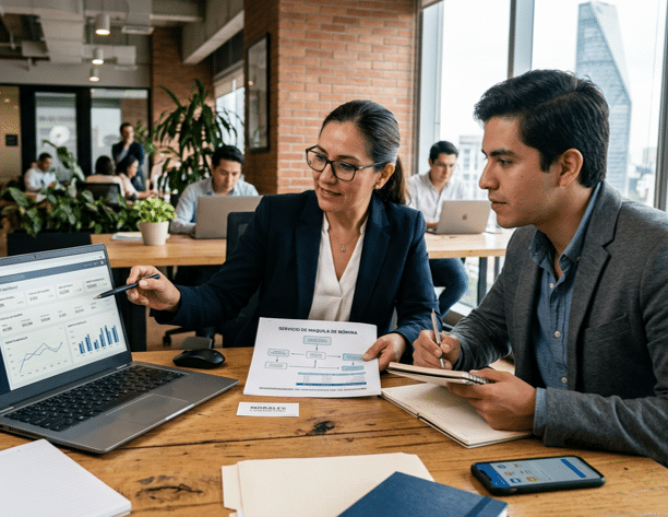 una asesoría de outsourcing de nomina en donde hay un asesor y un emprendedor