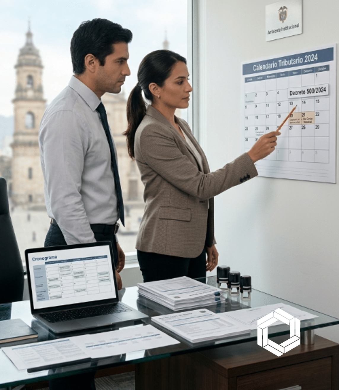 Imagen editorial de oficina corporativa en Colombia, con equipo administrativo revisando calendario tributario y documentos fiscales por la reprogramación de vencimientos derivada del Decreto 500 de 2024.