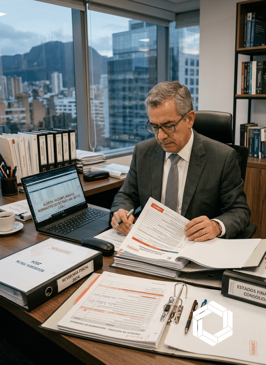 Un revisor fiscal de mediana edad con gafas y traje formal gris analiza meticulosamente documentos de auditoría en una oficina moderna en Bogotá. Sobre el escritorio ejecutivo hay una laptop abierta con una alerta roja de 'Incumplimiento Normativo Detectado', carpetas marcadas como 'Revisoría Fiscal 2024' y 'Estados Financieros Consolidados', además de una lista de chequeo de auditoría. Al fondo, a través de un gran ventanal, se aprecia el panorama urbano de la ciudad y los cerros bajo una luz atardecida