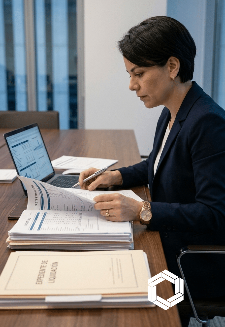 Fotografía de estilo editorial que muestra a una profesional contable de perfil, vestida con un traje azul oscuro, revisando minuciosamente una pila de estados financieros en una oficina moderna. Sobre el escritorio de madera destaca una carpeta con el título 'EXPEDIENTE DE LIQUIDACIÓN' y una laptop abierta con gráficos de análisis de datos. La imagen transmite una atmósfera de rigor técnico, cumplimiento legal y cierre financiero corporativo