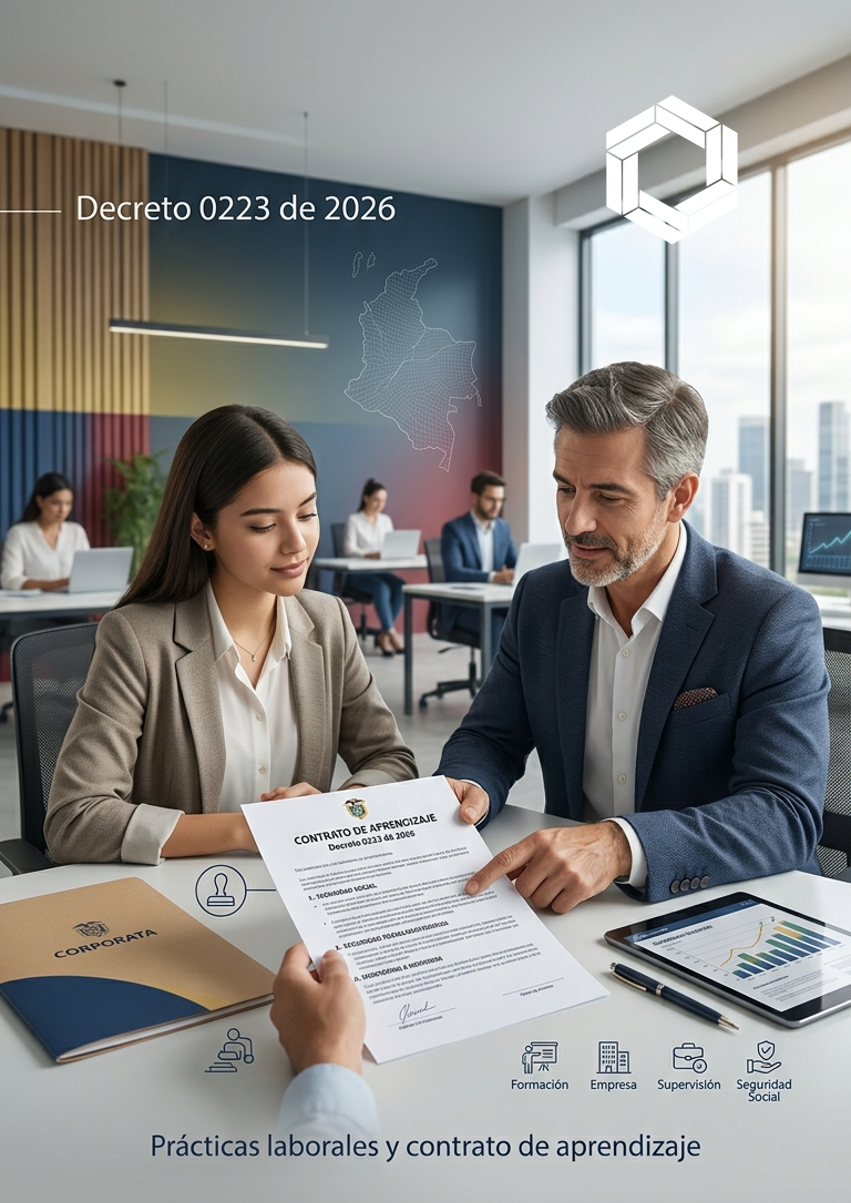 Una composición editorial vertical que muestra a una joven aprendiz y a un mentor de recursos humanos revisando un documento titulado "Contrato de Aprendizaje" en una oficina moderna. El fondo incluye un mapa tenue de Colombia, gráficos de cumplimiento en una tableta e íconos corporativos de formación y seguridad social. El diseño tiene una estética limpia con los colores de la bandera colombiana en los bordes.
