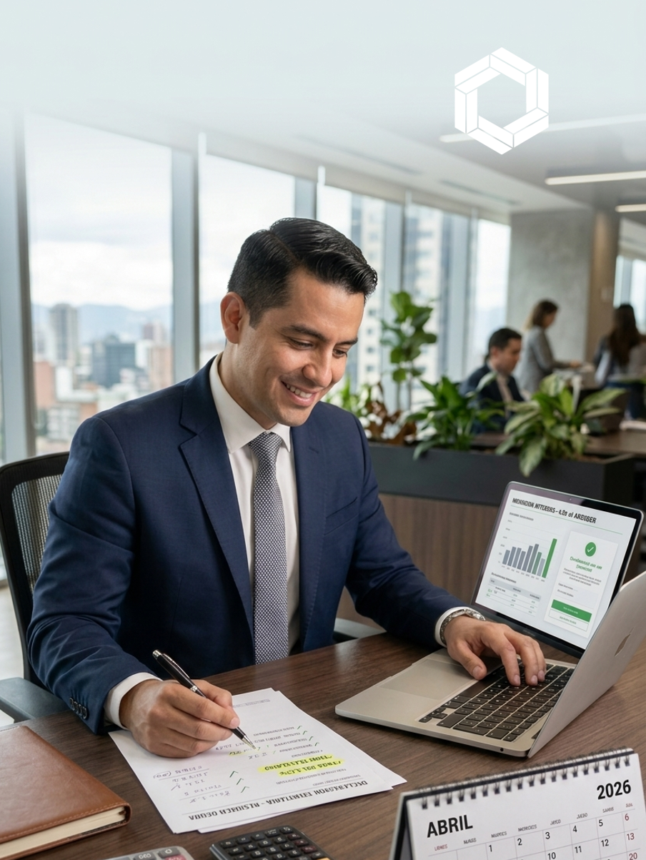 Fotografía de estilo editorial de un profesional sonriente en una oficina moderna, revisando documentos financieros y una laptop. Sobre el escritorio hay una calculadora y un calendario de abril de 2026, con una estética limpia en tonos azules y grises que transmite alivio y orden financiero.