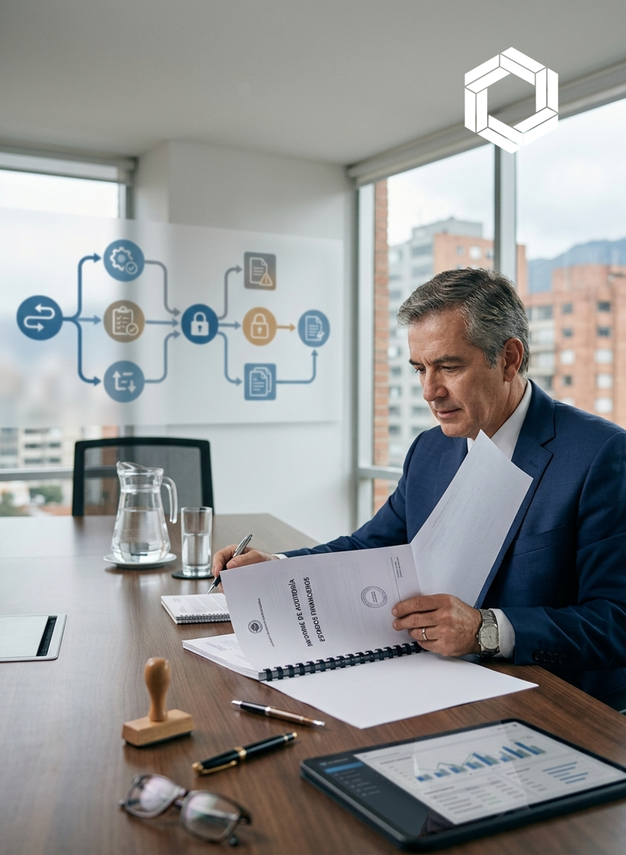Fotografía de estilo editorial de un auditor senior en una oficina moderna en Bogotá, revisando un informe de auditoría y estados financieros sobre una mesa de madera. En el fondo, un diagrama de flujo de control interno con iconos de candados y procesos; en primer plano, una tablet con gráficas, un sello profesional y gafas.