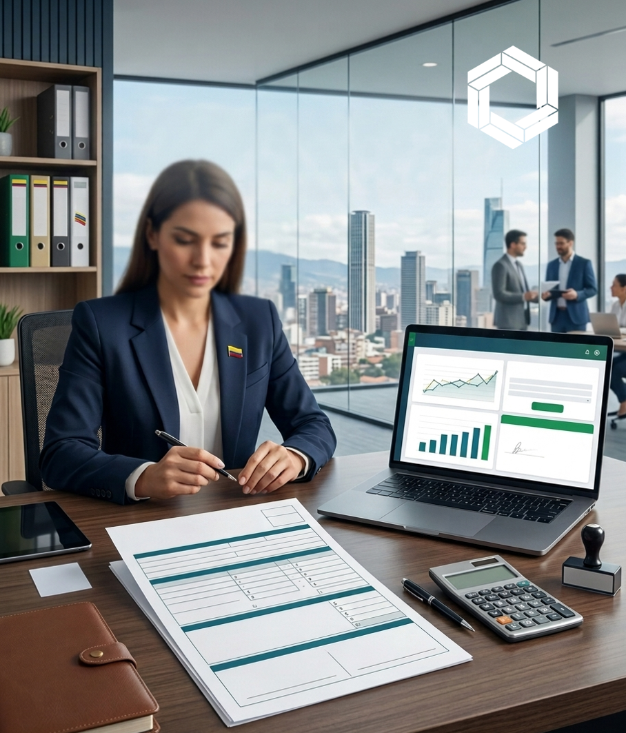 Una profesional en una oficina moderna de Bogotá revisa documentos financieros y el Formulario 425 sobre un escritorio de madera. Al fondo se observa el skyline corporativo de la ciudad y un portátil con gráficos de análisis contable.